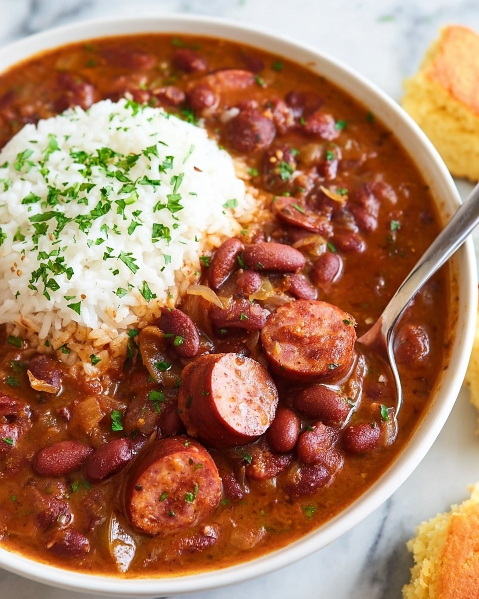 A white bowl filled with a thick stew of reddish-brown beans mixed with sliced sausage pieces that have a browned, slightly shiny surface. The stew has a rich, thick sauce with visible bits of onions and small green herbs scattered throughout. On one side of the bowl, there is a mound of fluffy white rice topped with finely chopped green herbs. A metal spoon is partially submerged in the stew, resting inside the bowl. The bowl is placed on a white marbled surface with some blurred cornbread pieces visible around the bottom edge of the image. photo taken with an iphone --ar 4:5 --v 7
