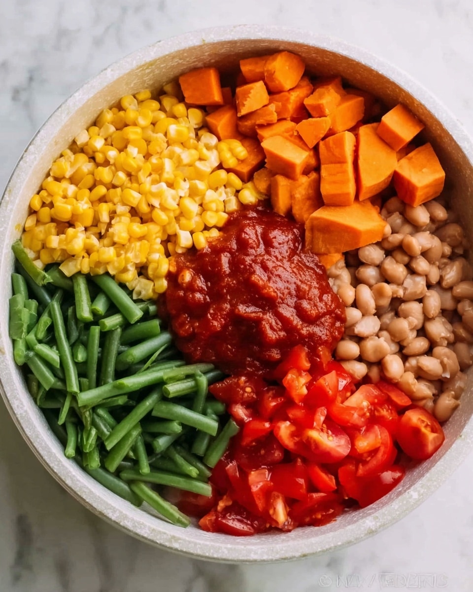A round white bowl sits on a white marbled surface, filled with six distinct sections of ingredients arranged neatly. Starting from the top left and moving clockwise, there is a yellow layer of corn kernels, followed by bright orange diced sweet potatoes, and a layer of small, light brown beans. Below the beans is a fresh green layer of chopped green beans, then a section of bright red diced tomatoes, and finally, in the center on top, a rich red sauce or salsa sits spreading slightly into other sections. The textures vary from soft beans and sweet potatoes to fresh crunchy vegetables, all displayed clearly within the bowl. Photo taken with an iphone --ar 4:5 --v 7