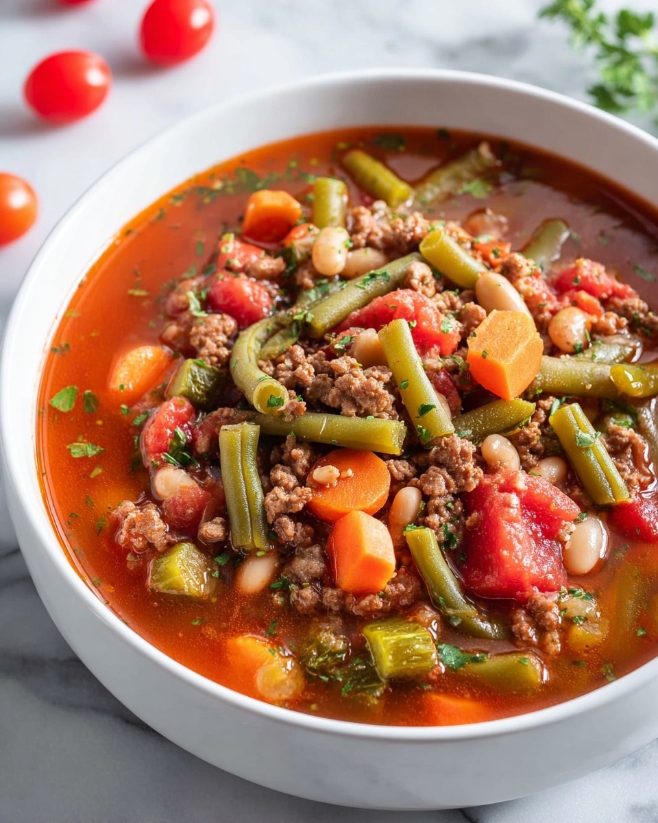 The image shows a white bowl filled with a vibrant vegetable and meat soup. The top layer has chunks of green beans, orange carrots, and red tomato pieces, mixed with small brown ground meat and light beige beans. These ingredients float in a rich red tomato broth with small green herb pieces sprinkled on top. The bowl is placed against a white marbled surface with a few small red cherry tomatoes blurred in the background. Photo taken with an iphone --ar 4:5 --v 7