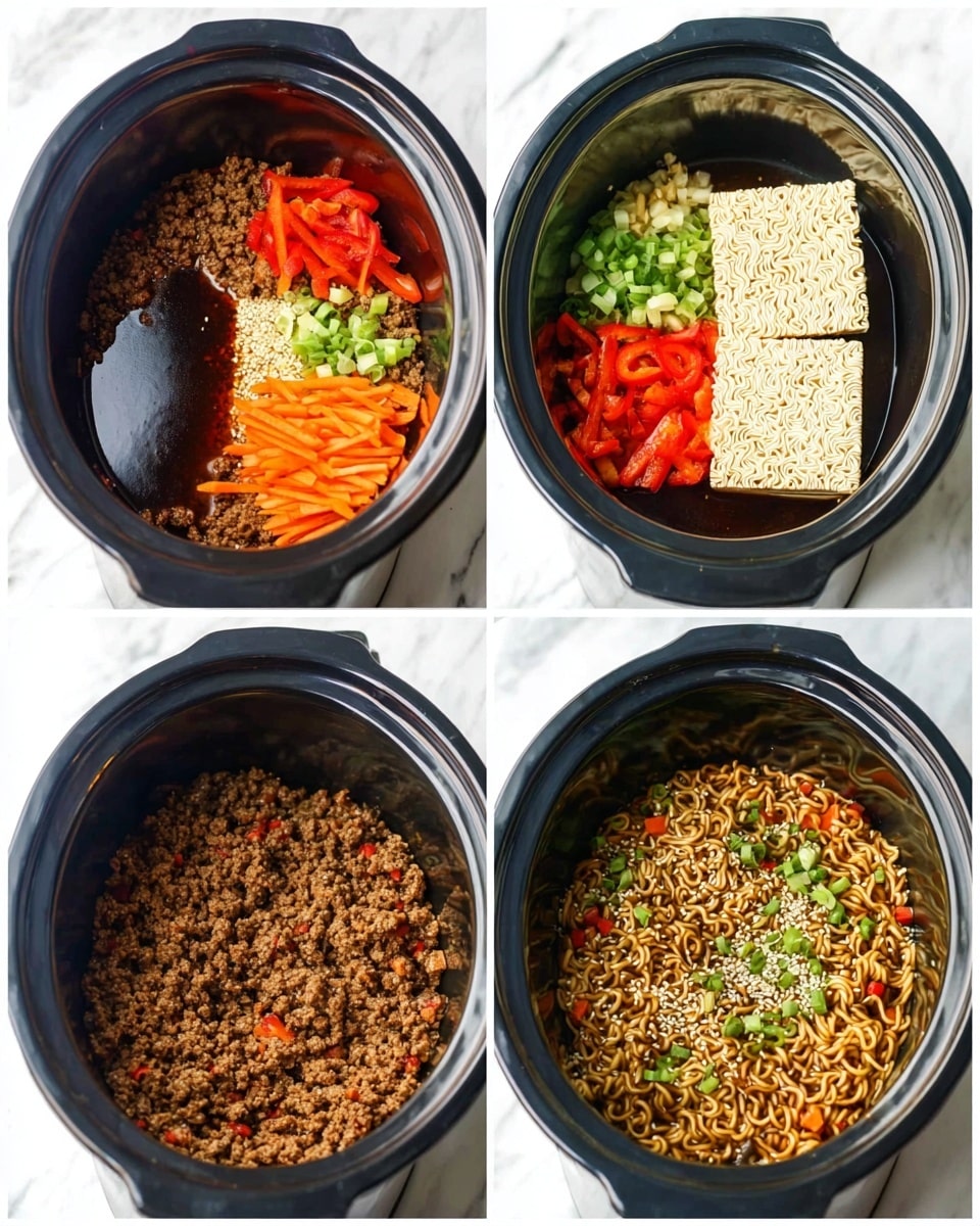 The images show a black slow cooker with layered ingredients. The first layer is cooked ground meat that covers the bottom evenly in brown color. On one side, thin orange carrot strips are placed, next to chopped red bell peppers and sliced green onions. A small amount of minced garlic is also visible near the vegetables. In the next photo, dark soy sauce is poured over the same layered ingredients. The third image shows two square blocks of dried ramen noodles placed on top of the meat and vegetable mix. In the last image, the cooked ramen noodles are mixed with the meat and vegetables, garnished with finely chopped green onions and sesame seeds, giving a textured look with shades of brown, green, and orange. The slow cooker is sitting on a white marbled surface. photo taken with an iphone --ar 4:5 --v 7