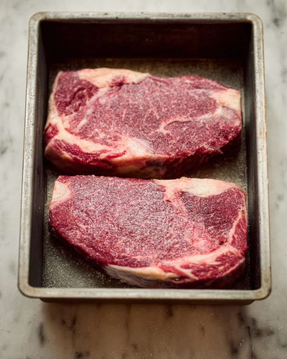 Two raw marbled steaks are placed side by side inside a gray metal rectangular pan. The steaks show a mix of deep red and white fat veins with a slightly moist surface. The pan rests on a white marbled surface. Photo taken with an iphone --ar 4:5 --v 7