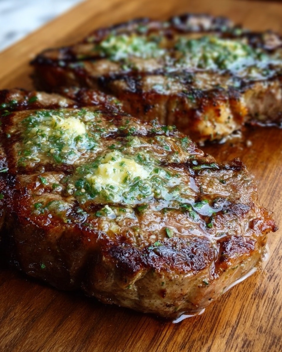 Two grilled steaks with a golden brown and slightly charred surface are shown lying on a wooden board. The steaks have visible grill marks and are topped with small pools of melted butter mixed with finely chopped green herbs. The texture of the meat looks juicy and tender with some darker seared edges. The background is a white marbled texture. photo taken with an iphone --ar 4:5 --v 7