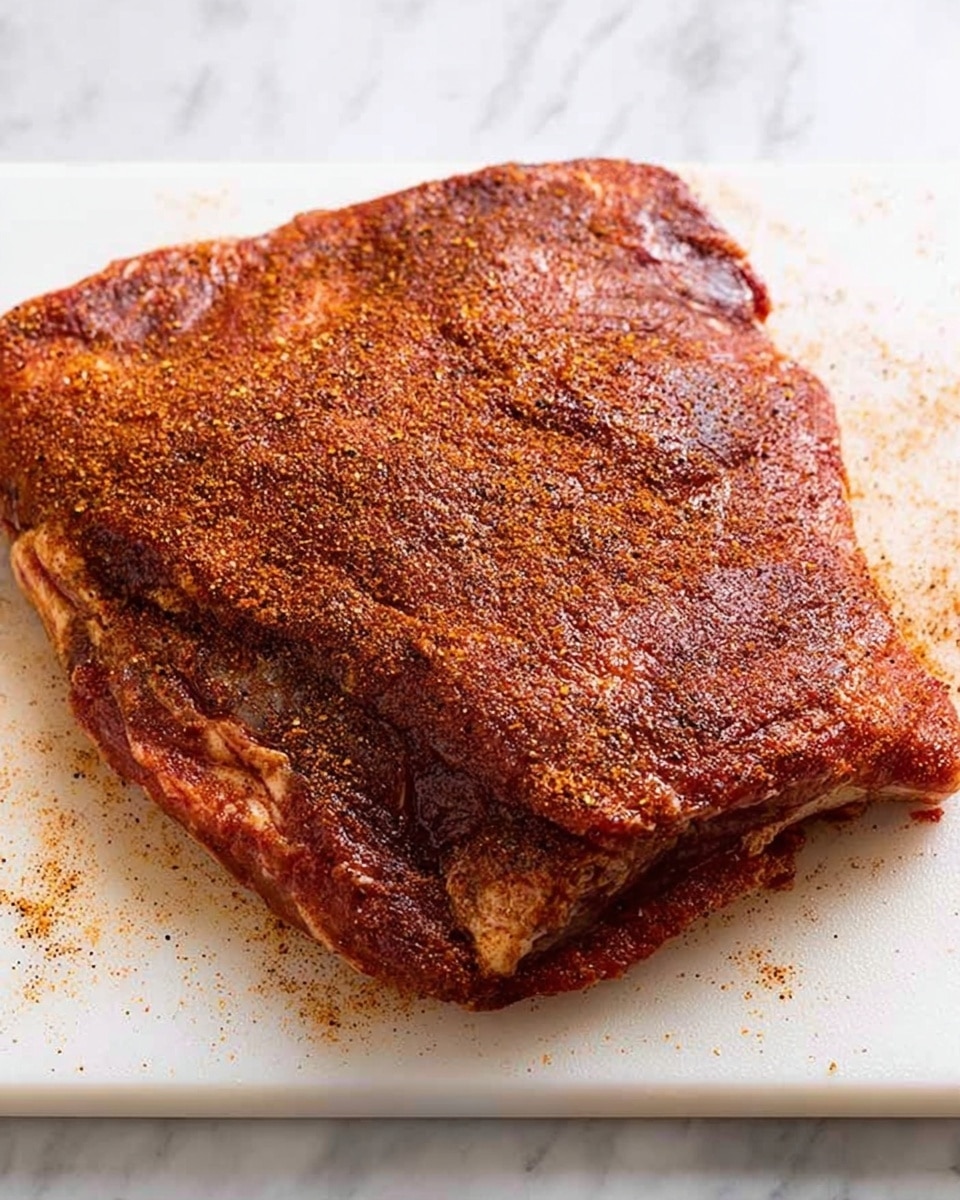 A single large piece of raw meat is shown lying flat on a white cutting board. The meat is coated evenly with a reddish-brown spice rub that looks grainy and slightly rough in texture. The meat has a rich, deep red color with some darker and lighter spots where the spice mix is thicker or thinner. The cutting board sits on a white marbled surface. Photo taken with an iphone --ar 4:5 --v 7