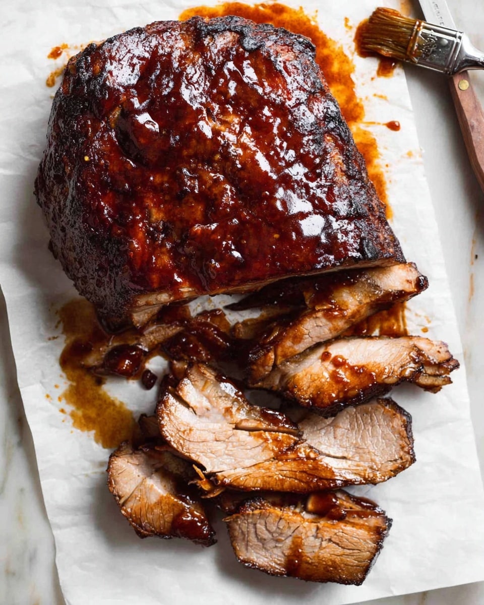 A large, dark brown piece of cooked meat with a shiny, sticky sauce covering its top and sides sits on white parchment paper with sauce stains. Next to it are several slices of the same meat, showing a tender, light brown inside with darker edges. A small basting brush with sauce rests near the top right corner, all placed on a white marbled surface. photo taken with an iphone --ar 4:5 --v 7