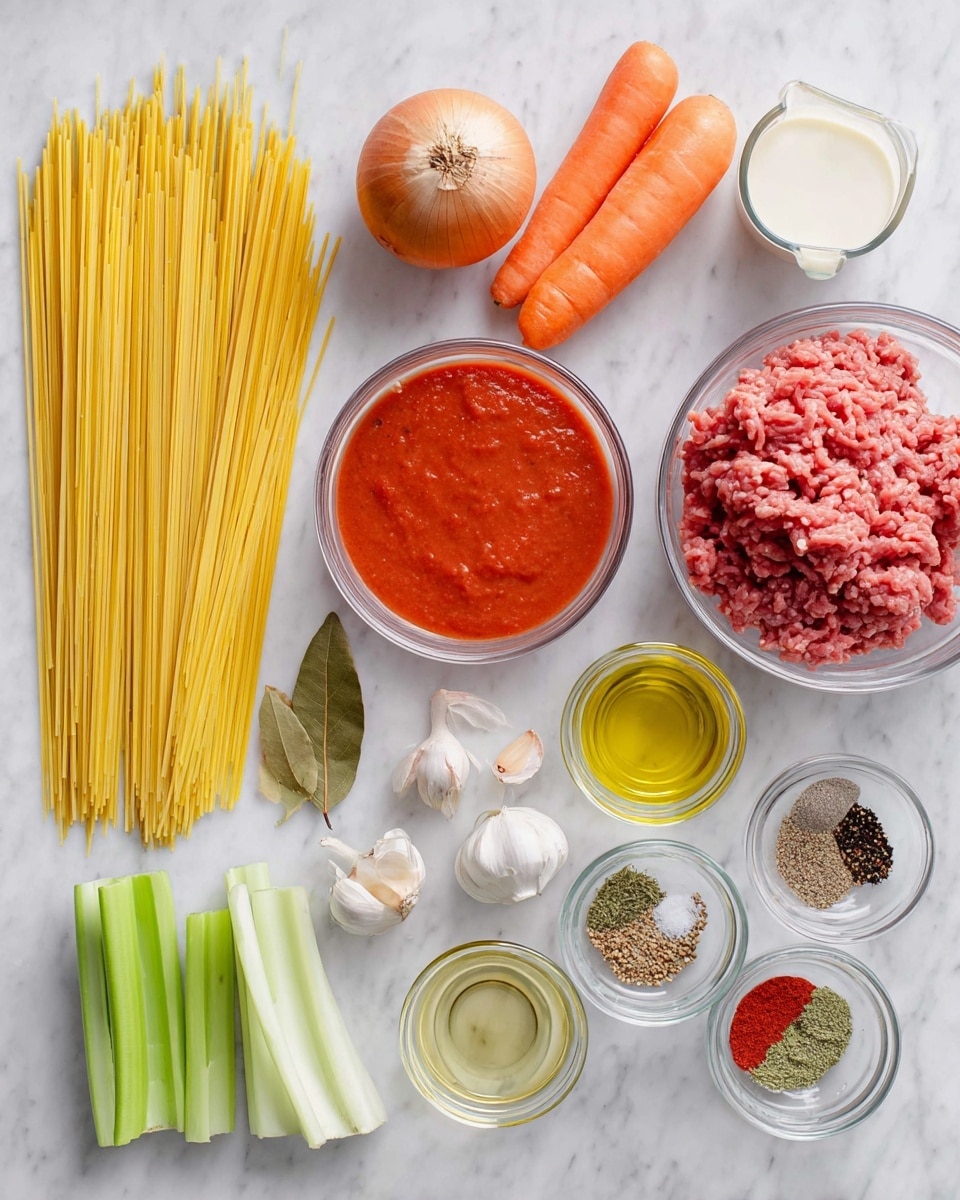 The image shows ingredients for a pasta dish laid out neatly on a white marbled surface. On the left, there is a bundle of uncooked yellow spaghetti pasta. Near the pasta, there are two orange carrots, three celery stalks with green and light green colors, and a whole light brown onion. In clear glass bowls, there is bright red tomato sauce, red tomato paste, and minced raw meat with a pinkish color. Smaller glass bowls hold dried herbs, mixed black and red spices with salt, and light yellow olive oil in a small bottle. Two small garlic cloves and a single brown bay leaf are also visible near the bowls. A small clear glass cup contains a white creamy liquid. The scene is bright, clean, and organized, suggesting fresh ingredients ready for cooking. Photo taken with an iphone --ar 4:5 --v 7