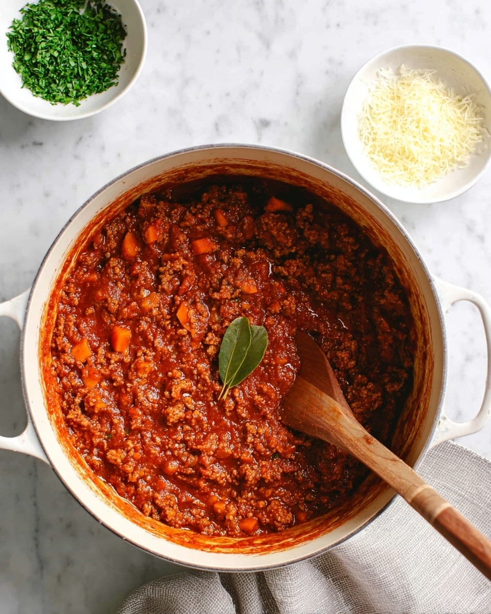 A large white pot filled with thick, chunky red meat sauce mixed with small pieces of orange carrot and bits of onion, with a dark green bay leaf resting on top near the center. A wooden spoon is dipped into the sauce on the right side of the pot, stirring the rich mixture. Two white bowls are placed above the pot on the white marbled surface; one bowl contains finely chopped green herbs and the other holds pale yellow grated cheese. A folded light gray cloth lies beneath the pot on the lower right. The photo taken with an iphone --ar 4:5 --v 7