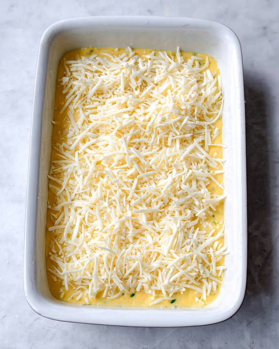 A white rectangular baking dish holds a layered dish with two visible layers. The bottom layer is a smooth yellow base with some small green bits scattered throughout. The top layer is covered evenly with thin white shredded cheese, creating a slightly textured surface with small gaps showing the yellow layer underneath. The dish is placed on a white marbled surface. Photo taken with an iphone --ar 4:5 --v 7