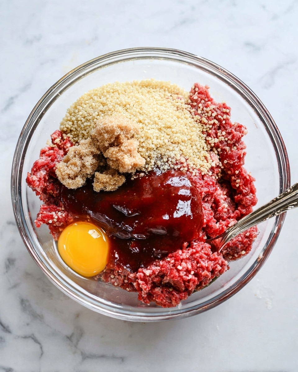 A clear glass bowl sits on a white marbled surface, filled with layers of ingredients ready to be mixed. The bottom layer is a large portion of bright red raw ground meat with a coarse texture. Over one side of the meat, there is a thick layer of deep red ketchup-like sauce with a shiny, smooth surface. Next to it, light beige quinoa is piled high with a grainy texture. On top of the quinoa, two small clumps of light brown sugar add a crumbly look. A raw egg yolk with a glossy, smooth surface lies near the bottom edge of the bowl, next to the quinoa. A metal spoon is partially immersed in the mixture on the right side. The entire bowl and ingredients have a fresh, ready-to-cook appearance. Photo taken with an iphone --ar 4:5 --v 7