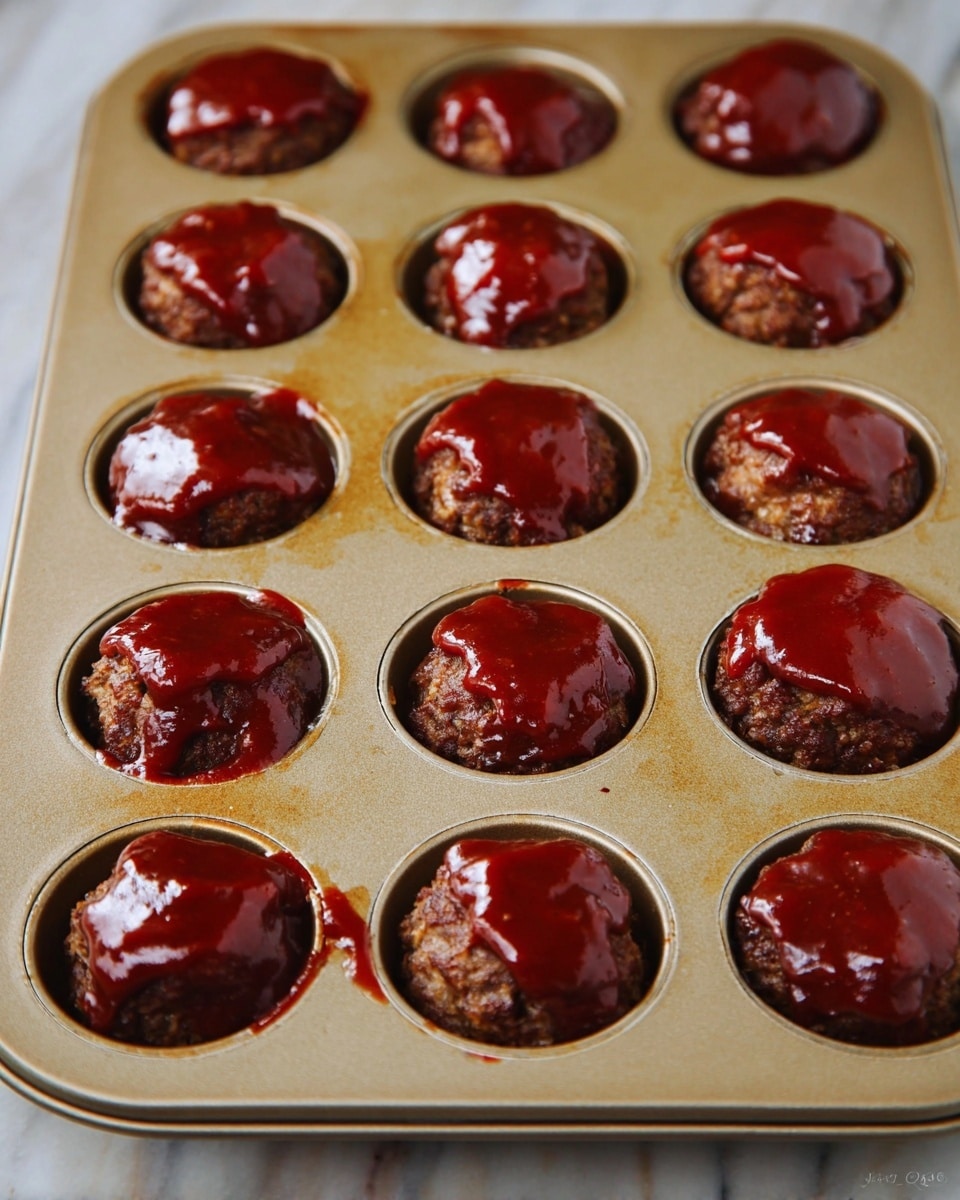 The image shows a beige muffin tray containing twelve cooked mini meatloaves, each topped with a glossy, deep red sauce layer. Each mini meatloaf appears dark brown with a moist texture beneath the rich sauce, slightly spilling over the edges of the muffin cups. The tray has some baked-on stains and marks around the cups. The scene sits on a white marbled surface. photo taken with an iphone --ar 4:5 --v 7