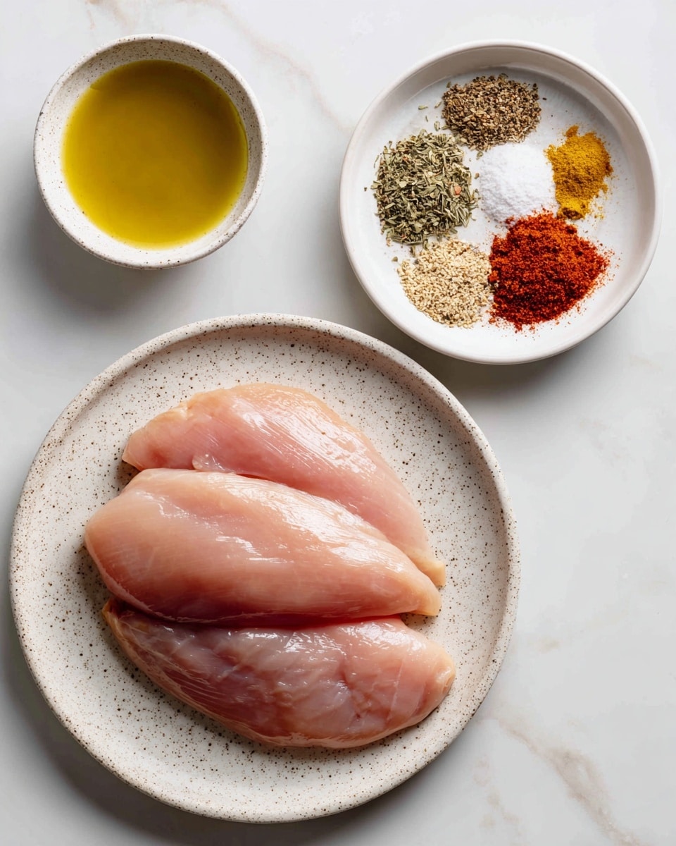 The image shows three raw turkey tenderloins laid stacked on a white speckled plate, with a smooth, slightly shiny light pink surface. Above the plate, there is a small white bowl with seven different spices arranged in separate piles: dried oregano, thyme, smoked paprika, garlic powder, onion powder, salt, and pepper, showing a mix of green, red, tan, white, and black colors. To the left of the plate, there is a small white bowl filled with yellow olive oil. All items are placed on a white marbled surface, giving a clean and bright look. photo taken with an iphone --ar 4:5 --v 7