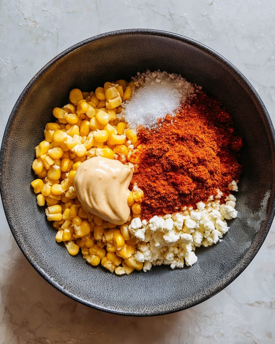 A round dark grey bowl holds a mix of ingredients divided into five clear sections without mixing. Two sections contain bright yellow corn kernels, one with a small pile of white crumbly cheese, another with a large mound of red-orange chili powder, and a smaller portion of coarse white salt near the chili powder. A dollop of smooth, beige mayo-like sauce rests on top of one corn section. The bowl sits on a white marbled surface. photo taken with an iphone --ar 4:5 --v 7
