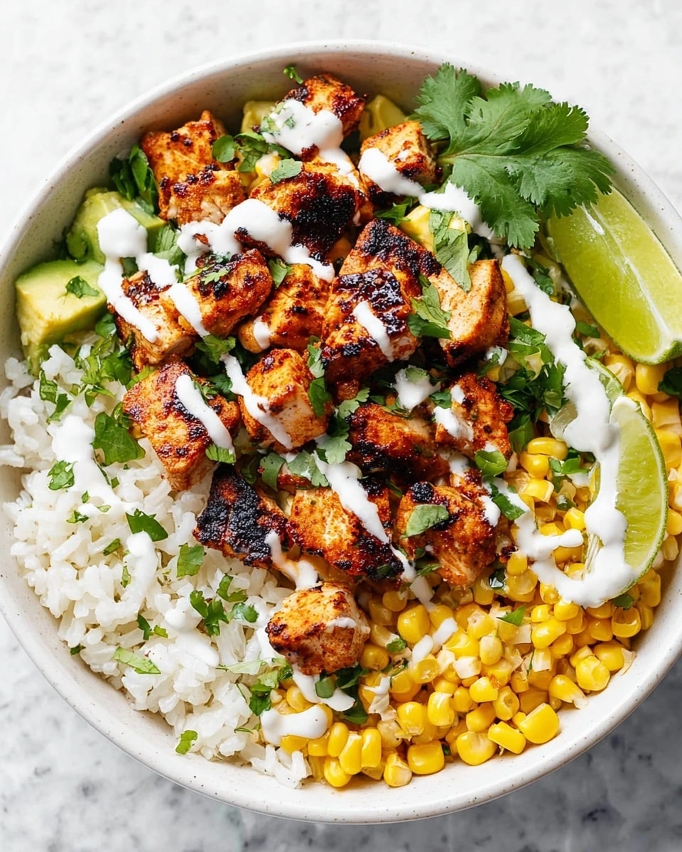 A bowl filled with three main layers is shown. The bottom layer is white rice with small bits of green cilantro mixed in. On top of the rice is a layer of yellow corn kernels scattered evenly. The top layer consists of grilled chunks of chicken, showing a golden brown color with some dark char marks. Pieces of green avocado and fresh cilantro leaves are scattered over the chicken and corn. White creamy sauce is drizzled in thick lines over the chicken pieces. A green lime wedge rests on the side of the bowl. The bowl is white and sits on a white marbled surface. Photo taken with an iphone --ar 4:5 --v 7