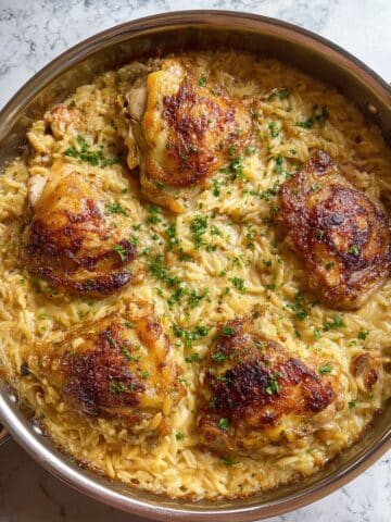 French Onion Soup-Inspired Chicken with Caramelized Onions, Orzo, and Gruyère Recipe