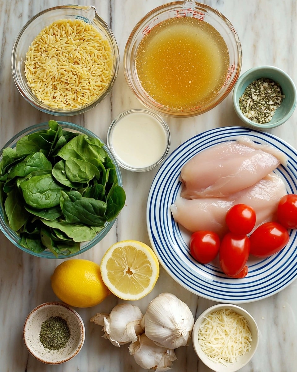 The image shows various cooking ingredients neatly arranged on a white marbled surface. There are two clear measuring cups filled with golden broth and yellow orzo pasta, and a smaller clear measuring cup filled with cream. A larger clear bowl contains fresh green spinach leaves. Next to it is a cup filled with bright red grape tomatoes. A white plate with blue stripes holds three raw chicken breasts. There is a half lemon, some garlic cloves, and three small bowls with grated cheese and herbs arranged around the ingredients. The overall scene is clean and organized, ready for cooking photo taken with an iphone --ar 4:5 --v 7