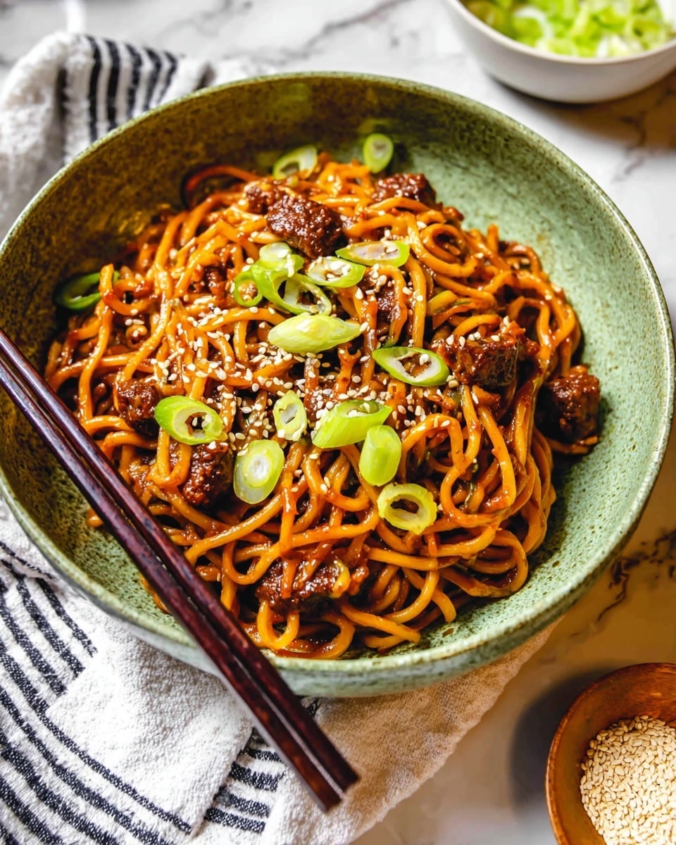 A green textured bowl filled with glossy orange-brown noodles mixed with small chunks of dark brown meat, topped with light green sliced scallions and sprinkled with white sesame seeds. Two dark wooden chopsticks rest on the left side of the bowl. The bowl is placed on a white marbled surface with a white cloth that has black stripes beneath it. In the background, there is a small white bowl with more sliced light green scallions and a small brown bowl with white sesame seeds. photo taken with an iphone --ar 4:5 --v 7
