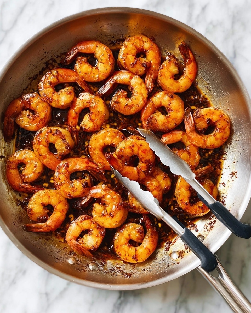 A round stainless steel pan filled with about twenty cooked shrimp arranged in a loose circular pattern. The shrimp are bright orange with darker browned spots, showing a slightly shiny, oily texture. In the pan, there is a dark brown sauce pooling beneath the shrimp, with some caramelized bits on the pan's surface. A pair of silver tongs with black silicone tips is holding one shrimp in the upper right part of the pan. The pan is placed on a white marbled surface. photo taken with an iphone --ar 4:5 --v 7