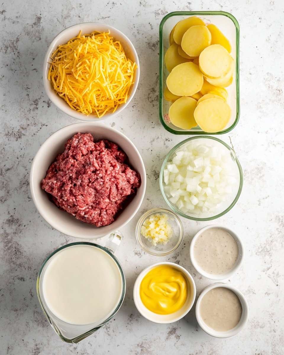 The image shows a white bowl with bright yellow shredded cheese at the bottom left, next to a small bowl filled with small white onion pieces just above it. To the right of the onions is a medium white bowl with raw ground beef, which is red with little white fat specks. Above the beef is a tall clear container filled with thin round slices of yellow potatoes soaked in water. In the middle between onions and beef is a tiny white bowl containing a small amount of minced garlic. To the right of the garlic, there is a clear green-rimmed glass measuring cup filled with milk, and below that are three small bowls arranged in a line: one with a yellow creamy sauce, next to it a beige creamy sauce, and the far right bowl with a light gray creamy mushroom sauce. All the dishes are placed on a white marbled texture. Photo taken with an iphone --ar 4:5 --v 7