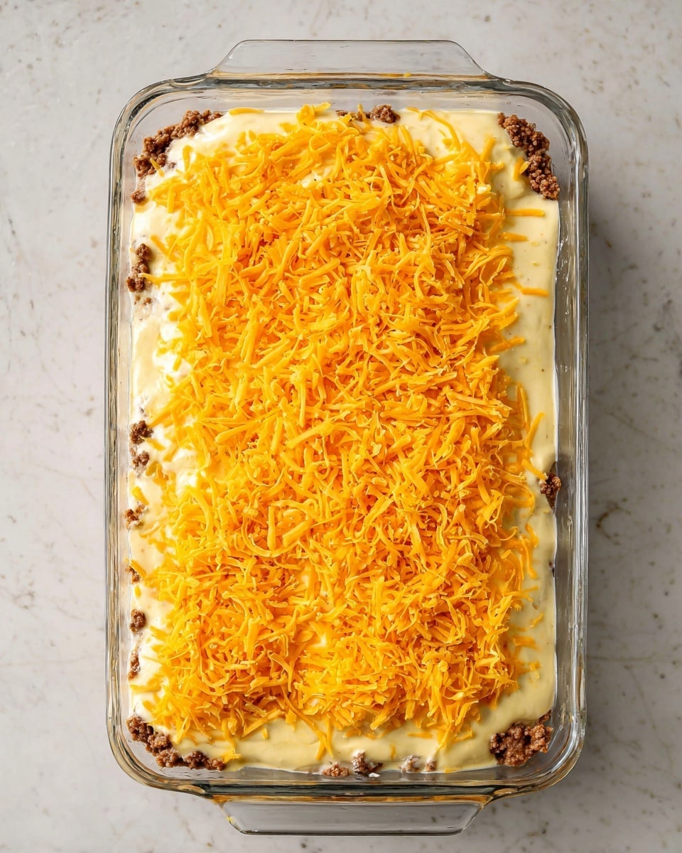 A clear glass rectangular baking dish filled with a layered casserole sits on a white marbled surface. The bottom layer is a crumbly brown meat mixture peeking through the edges, topped thickly with a creamy pale yellow sauce spread evenly, and the top layer is a generous scattering of bright orange shredded cheese covering the entire surface. The dish's handles are visible on both ends. Photo taken with an iphone --ar 4:5 --v 7