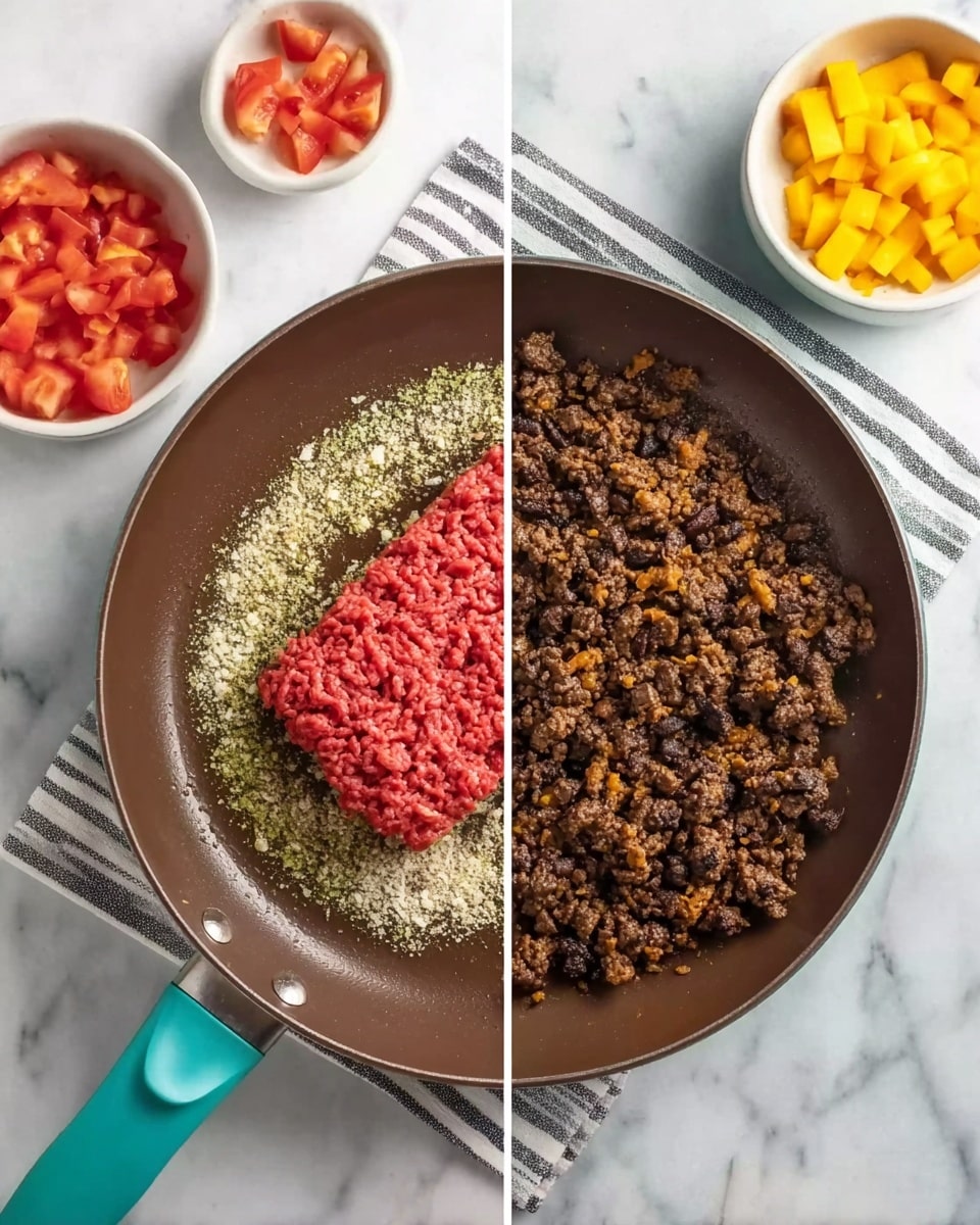 The image shows two side-by-side photos of a deep brown pan with a teal handle on a white marbled surface. The left photo has a block of raw red ground meat topped with small layers of white, green, and beige spices on oil in the pan, with a striped cloth underneath the pan's handle. Above the pan, two small white bowls are visible, one filled with red diced tomatoes and the other with bright yellow mango pieces. The right photo shows the same pan and background, but the meat is now fully cooked and crumbly, dark brown in color, and spread evenly across the pan. The same two small bowls with diced tomatoes and mango are visible above. Photo taken with an iphone --ar 4:5 --v 7
