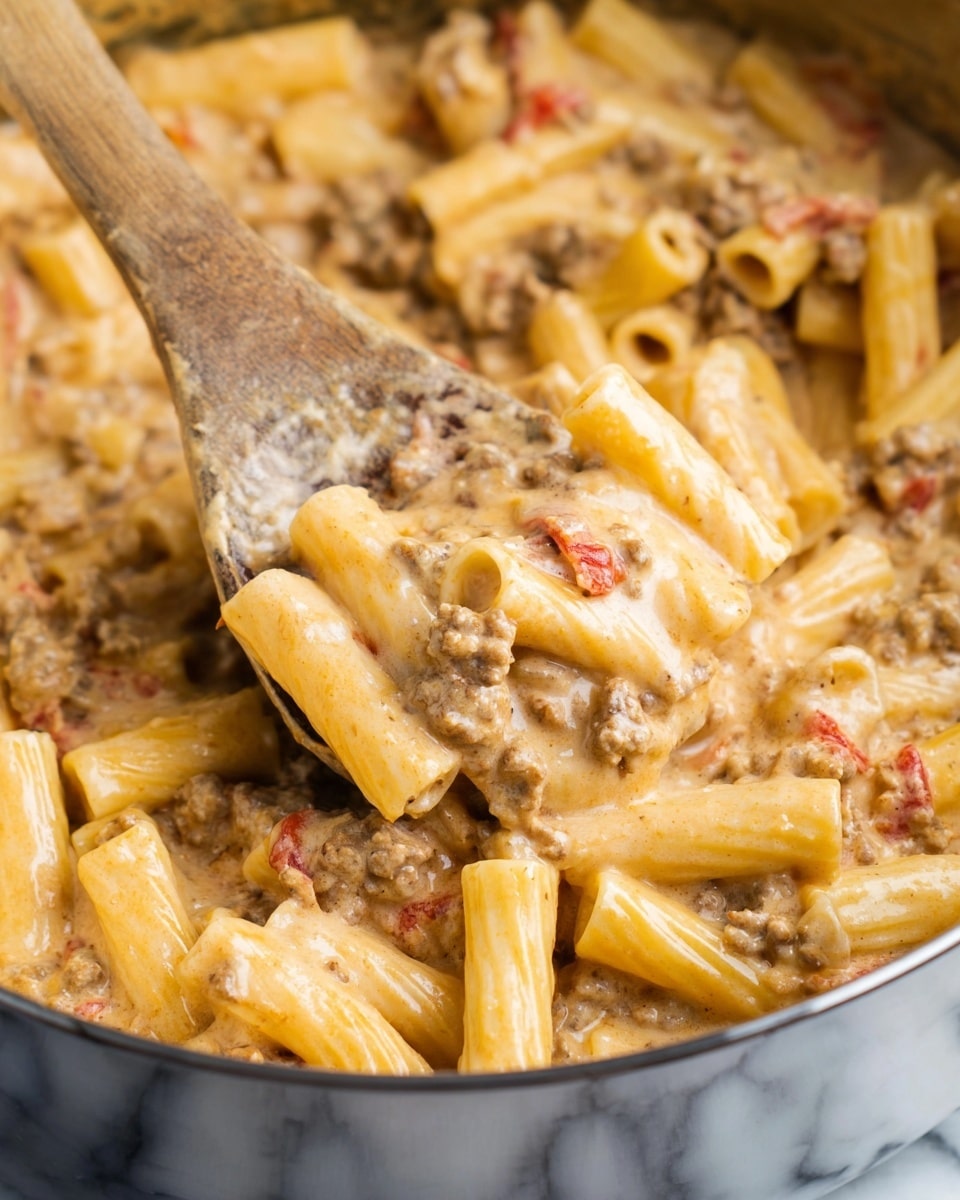 The image shows a close-up of a creamy pasta dish in a pot. The dish has two main layers: the pasta, which is tube-shaped and pale yellow, and a thick sauce that is light brown with small ground meat pieces and bits of red tomatoes mixed evenly throughout. A wooden spoon is stirring the pasta, lifting some of it up, revealing the smooth, creamy texture of the sauce coating everything. The background is a white marbled texture. Photo taken with an iphone --ar 4:5 --v 7