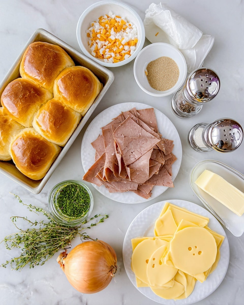 The image shows several ingredients arranged on a white marbled surface. There is a tray of soft golden brown dinner rolls with a slightly shiny top in the bottom left corner. Above it, a small white bowl contains a mix of dried orange and white seasoning pieces. Next to it is another white bowl filled with light brown powder. A white plate in the center holds thin slices of brown deli meat stacked loosely. To the right, a white plate has a pile of pale yellow round cheese slices with small holes, slightly overlapping. Below the cheese, fresh green herbs sit in a small clear glass. A large light brown onion with green sprigs rests nearby. Salt and pepper grinders with shiny silver tops and clear bodies are placed near the plates. A stick of pale yellow butter, wrapped in white paper, lies next to the herbs. photo taken with an iphone --ar 4:5 --v 7