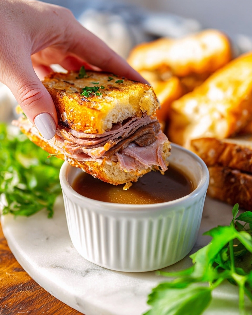 A woman's hand holds a sandwich piece being dipped into a small white bowl filled with brown sauce. The sandwich has two layers of soft golden brown bread with visible grilled marks, and in the middle, there are thin layers of cooked meat with a slightly pink center. The bread looks crispy outside but soft inside, and the sauce looks smooth and shiny. Fresh green leafy herbs sit in the background on a white marbled surface. Bright natural light highlights the textures of the sandwich and sauce. photo taken with an iphone --ar 4:5 --v 7
