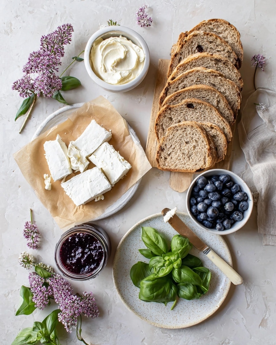 The image shows a simple, fresh spread on a white marbled surface with several items arranged neatly. At the center left, a white plate lined with brown parchment paper holds two types of soft white cheese: one in chunks and the other sliced into five rectangular pieces arranged side by side. To the right, four slices of whole grain bread with a golden-brown crust sit fanned out on a small wooden board, alongside a silver knife with a light wooden handle. Above the bread, a small white bowl is filled with smooth cream cheese, and a butter knife with a white handle rests on top. Near the center bottom, a small clear jar contains dark purple jam with a silver spoon inside. A small white bowl filled with fresh dark blueberries is positioned above the cheese plate. At the bottom right, fresh bright green basil leaves are spread on a round speckled white plate. Light purple flowers and green leaves are scattered around for decoration. Photo taken with an iphone --ar 4:5 --v 7
