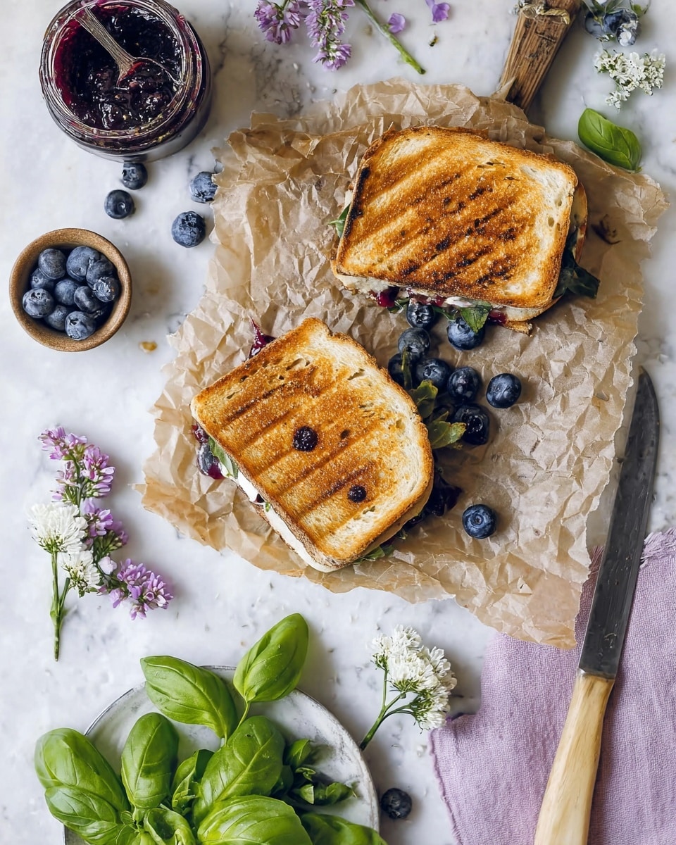 Two toasted sandwiches sit on crumpled brown parchment paper on a small wooden board. Each sandwich has a golden-brown outer layer with visible dark grill marks and a few spots of melted butter or cheese peeking out from the edges. Around the sandwiches are fresh blueberries, some loose on the white marbled surface and others in a small brown bowl. A spoon sits in a jar filled with dark purple jam near the top left corner. Below, a white plate holds fresh, bright green basil leaves. Small sprigs of purple and white flowers are scattered nearby. To the right is a light wood-handled knife resting on a pale purple cloth. The whole setup is on a white marbled surface photo taken with an iphone --ar 4:5 --v 7