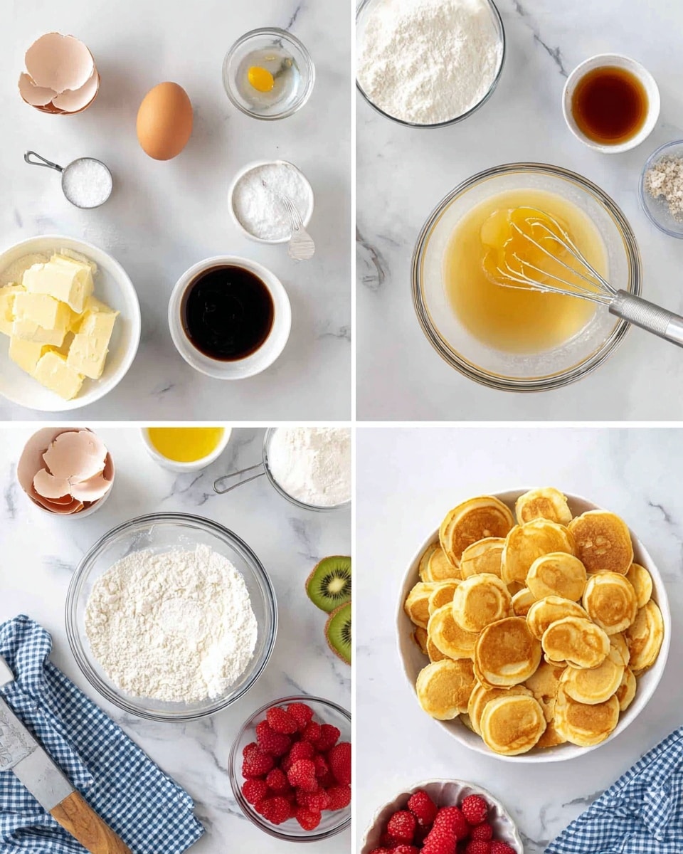 The image shows four sections on a white marbled surface, each with different stages of making tiny round golden brown pancakes. The top left section displays ingredients spread out: a brown egg in the middle, a small white bowl with melted butter, a small glass with vanilla extract, a small white bowl with sugar, a measuring spoon with baking powder, a pile of white flour in a white bowl, and a glass container of milk. The top right section has a clear glass bowl with melted butter and white sugar inside, with a whisk laying beside it and the vanilla extract glass below. The bottom left section shows the same clear glass bowl now with flour added on top of the wet mix, beside it are broken eggshells and a wooden spoon on the white marbled surface with a blue checkered cloth. The bottom right section shows a round white dish filled with many tiny golden brown pancake rounds surrounding a small white bowl of dark syrup. Around the dish are scattered pancakes, a bowl of fresh raspberries on the top right, a bowl with strawberries on the bottom, and a plate with sliced kiwi on the side. Photo taken with an iphone --ar 4:5 --v 7