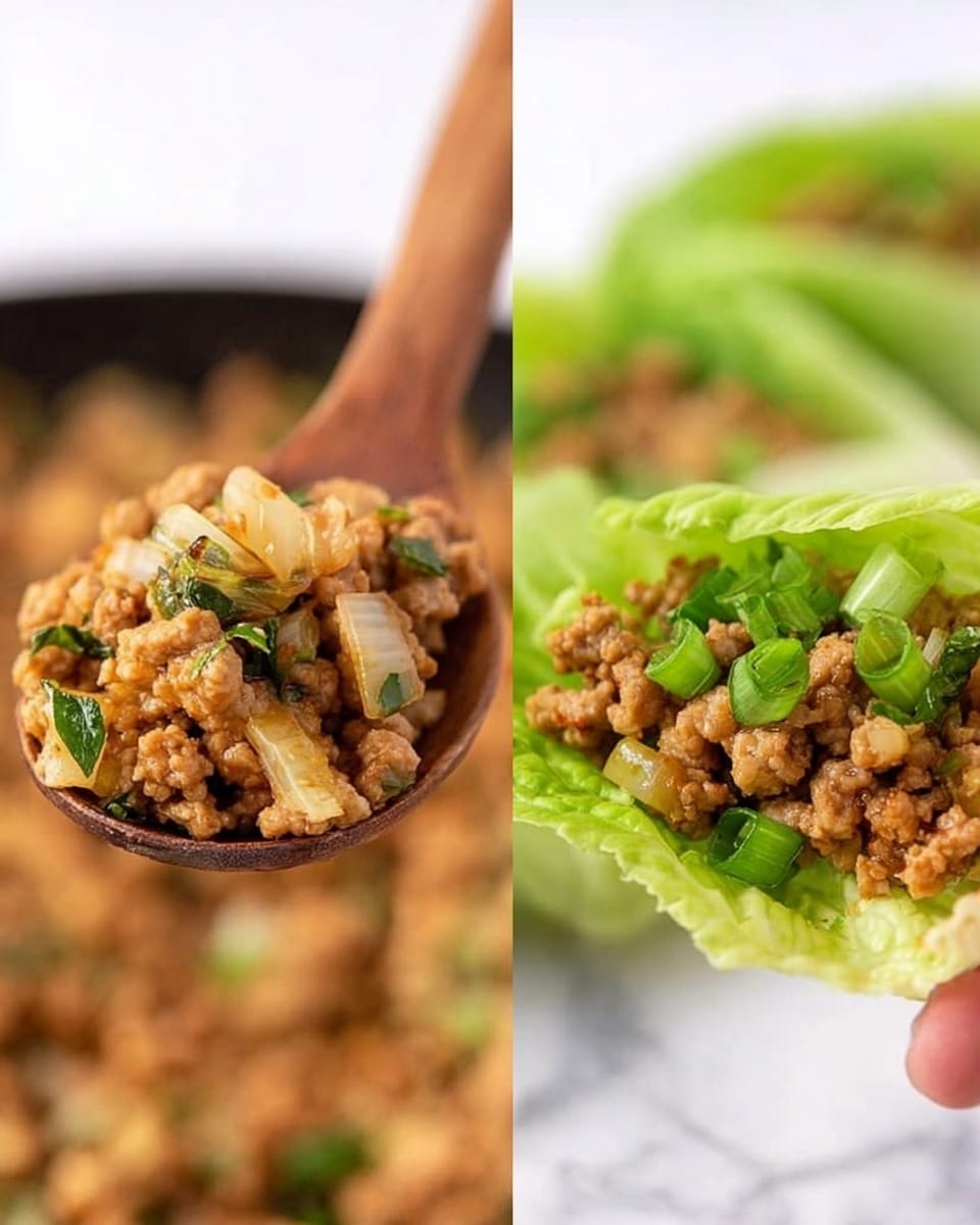 The image on the left shows a close-up of a wooden spoon holding a mix of light brown cooked minced meat with small pieces of white diced onion and green herb bits. In the background, blurred cooked meat sits in a pan. On the right, a woman's hand is holding a small, fresh, green cabbage leaf filled with the same minced meat mixture topped with bright green chopped scallions, with more cabbage leaves and cooked meat blurred in the background, all set against a white marbled surface. photo taken with an iphone --ar 4:5 --v 7