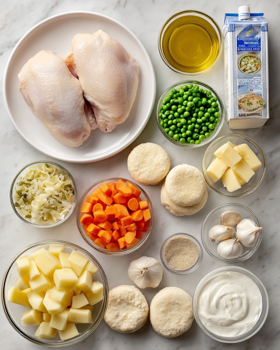 The image shows a white plate holding two raw chicken pieces with a smooth, pale pink surface positioned near the top left. Surrounding the chicken, there are small clear glass bowls containing bright green peas, frozen curved orange carrot slices, white diced onions, light green chopped celery, yellow cubed Yukon Gold potatoes, and several white round biscuits, all placed on a white marbled surface. Nearby, there are small glass bowls filled with light yellow softened butter, white flour, and golden olive oil. Two small rubber bowls hold beige seasoning and mixed dry seasoning, with two garlic cloves placed next to them. On the right side, there is a blue and white carton of chicken broth, and a small clear glass bowl with white whipping cream. The image is neatly arranged with a soft natural light highlighting the fresh colors of each ingredient photo taken with an iphone --ar 4:5 --v 7
