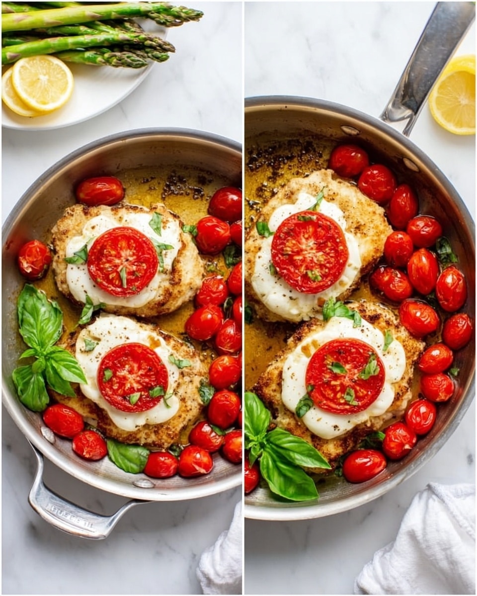 The image shows a frying pan with three cooked round pieces of white cheese placed on top of golden brown cooked chicken pieces. Each cheese piece is topped with a red tomato slice that has a slightly soft texture, while small bright red cherry tomatoes are scattered around in the pan. Fresh green basil leaves are added on one side. The pan is silver and sits on a white marbled surface. A white cloth is partially visible near the handle of the pan. In the background, a white plate with green asparagus and lemon slices can be seen. photo taken with an iphone --ar 4:5 --v 7