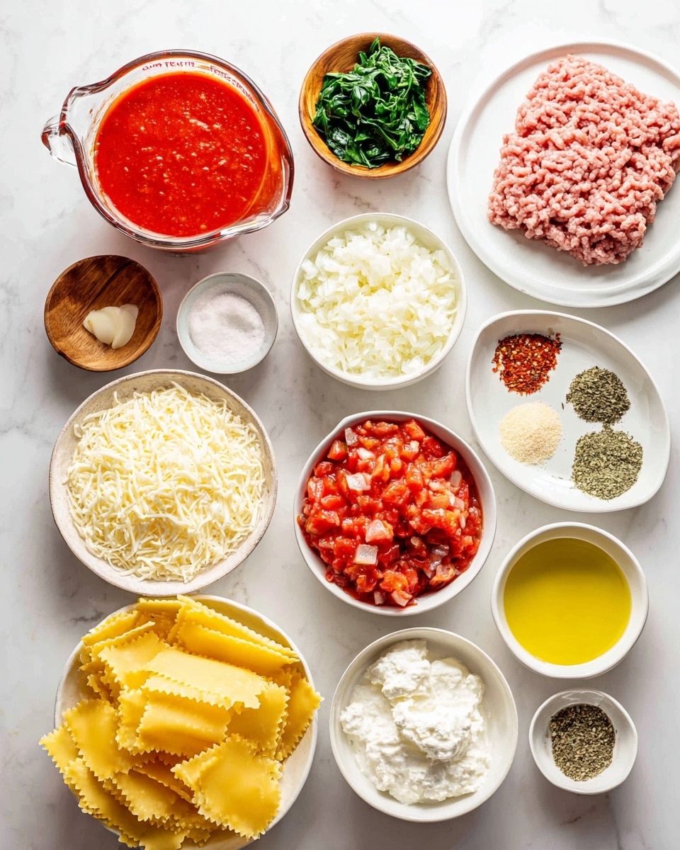 The image shows many cooking ingredients arranged on a white marbled surface. At the top right, there is a white plate with light pink ground meat. Below it, there is a clear glass measuring cup filled with bright red tomato sauce. Next to it is a small white bowl with chunky diced tomatoes in red sauce. To the left of this are two small wooden bowls, one with green chopped fresh spinach and the other with grated pale yellow cheese. Below these, a small bowl holds off-white grated cheese. To the left, a white bowl is filled with finely chopped white onion. Above that is a white bowl with a creamy white ricotta cheese. A small beige crinkled plate holds three piles of minced garlic, dried green herbs, and red chili flakes. Above it, a small white bowl contains yellow oil, and beside it, a small bowl has white salt. At the bottom left, a white bowl holds bright yellow uncooked lasagna sheets with wavy edges. A small white bowl of cracked black pepper is near the cheese. photo taken with an iphone --ar 4:5 --v 7