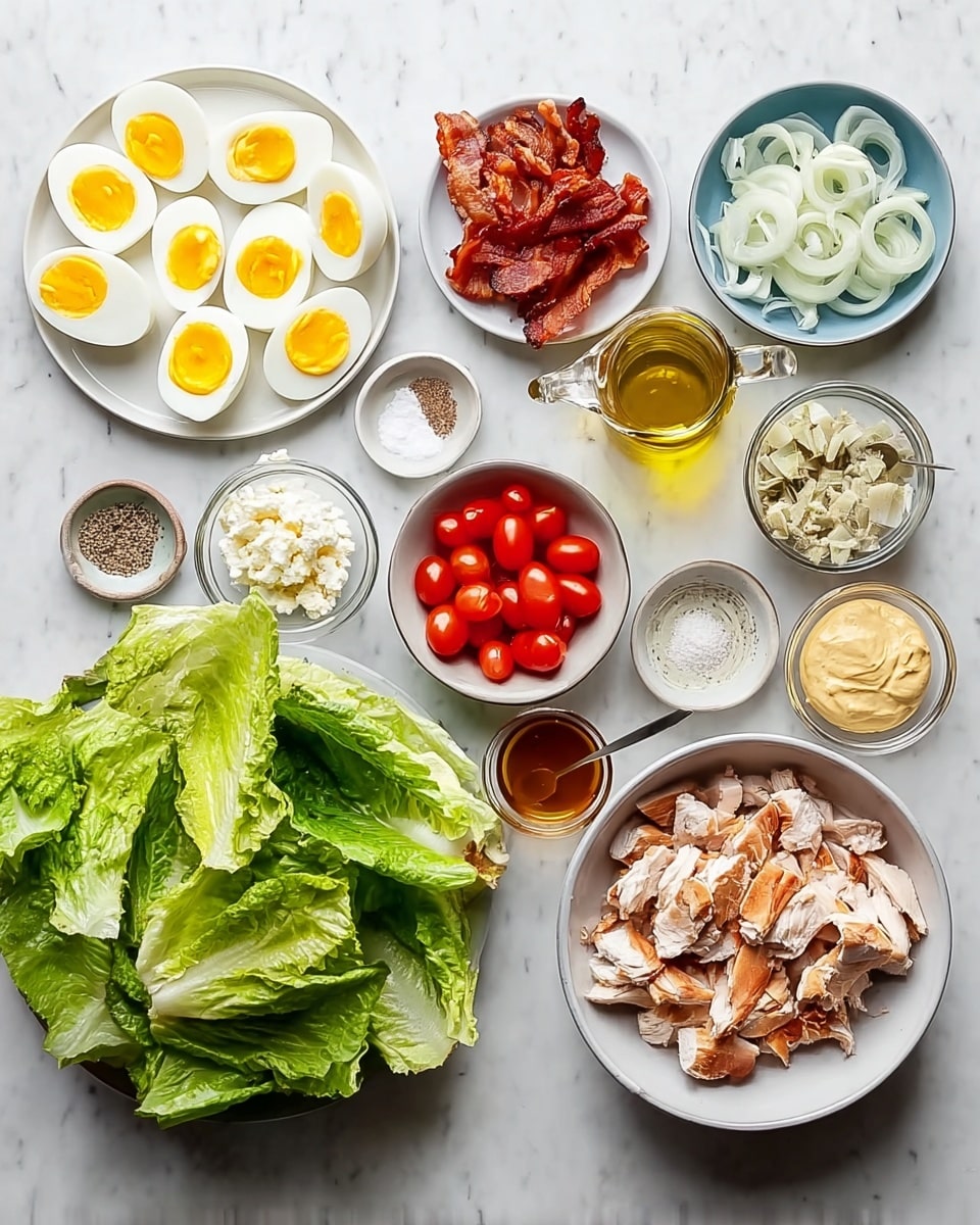 This image shows many ingredients neatly arranged on a white marbled surface. In the top row, there is a white plate with peeled hard boiled egg halves with yellow yolks, a small bowl with sliced greyish onions on the far right, a shallow white bowl with cooked crispy bacon pieces to its left, and a glass jug filled with golden olive oil near the center. Below are a small bowl with white crumbled cheese, a small bowl with honey or dressing, a bowl of halved bright red cherry tomatoes, and a bowl of pale yellow grainy mustard. On the left side are large fresh green lettuce leaves in a white bowl, a round bowl with sliced cooked chicken meat in the center, and small bowls of salt and ground black pepper near the top left. The image captures different shapes, colors, and textures, all ready for making a salad photo taken with an iphone --ar 4:5 --v 7