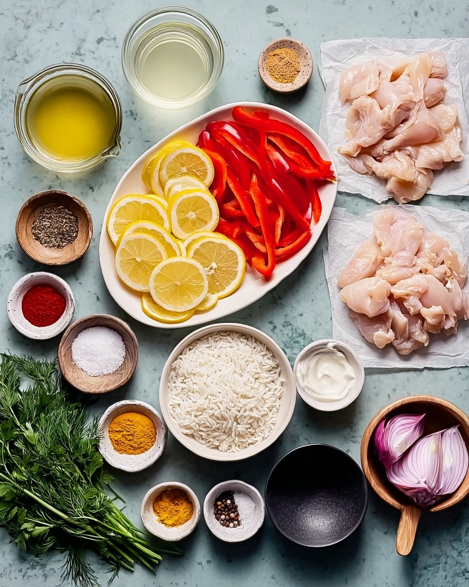 The image shows many small white bowls placed on a white marbled surface, each holding different ingredients. In the center, there is a white oval plate with layers of thin yellow lemon slices on the left side and long red bell pepper strips stacked on the right side. To the right, raw pieces of light pink chicken sit on white parchment paper. In front, a white bowl is filled with white rice, and a small white bowl contains salt. Small bowls nearby hold various spices with different colors like bright yellow turmeric, red paprika, and cumin seeds. On the left side, there are fresh green herbs including parsley and dill, a clear glass cup with light yellow liquid, and white yogurt in a white bowl. A black bowl contains some garlic paste. One black bowl holds sliced pale purple onions, and a wooden bowl with black pepper is close by. The photo taken with an iphone --ar 4:5 --v 7