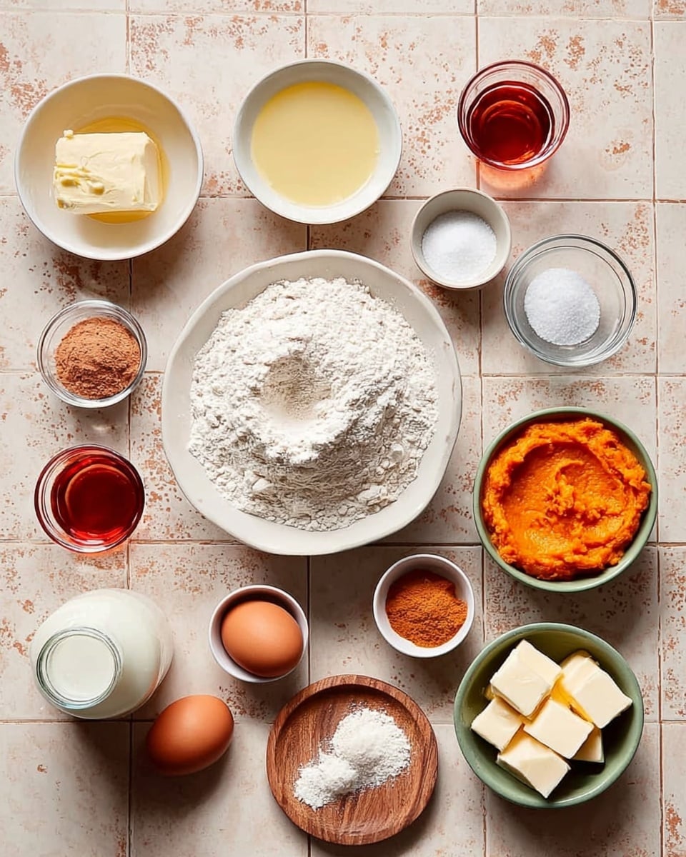 A top view image shows a collection of ingredients arrayed on a tiled surface with a white marbled texture in the background. In the center, a white bowl holds a mound of white flour with a small dip in the middle. Surrounding it are various small bowls and dishes: at the top left, melted butter is in a white bowl, next to small bowls with salt, sugar, and white powder, followed by a small glass cup filled with red liquid. To the right, an olive green bowl contains bright orange pumpkin puree, below which are two small white dishes containing light brown and white powders. On the left side, a glass bottle of milk, two brown eggs, white and brown powders, and cubes of butter on a small wooden plate complete the scene. The light is natural, soft, and warm. Photo taken with an iphone --ar 4:5 --v 7