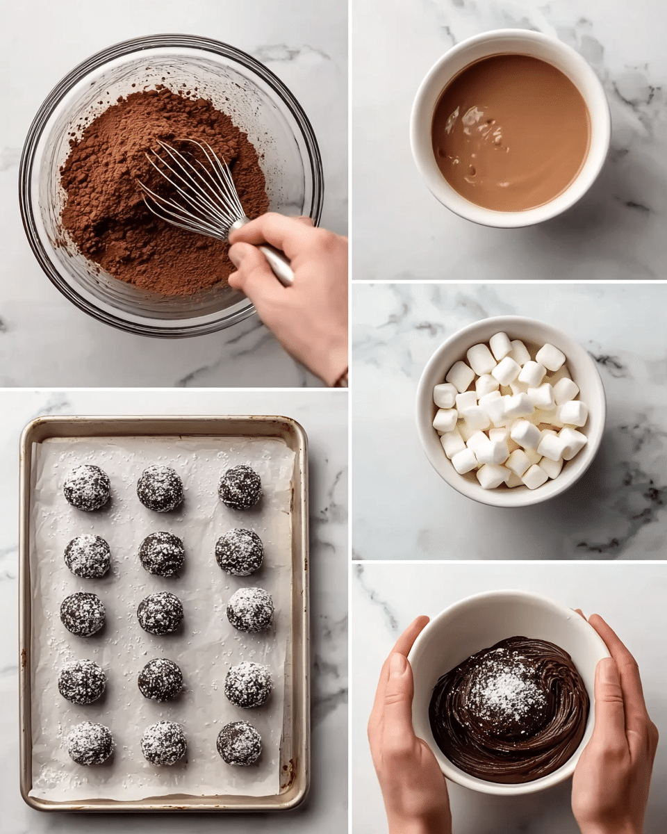 The image shows a collage of six parts with different stages of making chocolate cookie dough. The top left part has a clear glass bowl with dry brown cocoa powder being stirred by a woman's hand holding a whisk. The top right part shows a white bowl filled with a smooth, light brown liquid on a white marbled background. The middle right part displays a white bowl with dark, thick, chocolate dough and swirling texture inside. The bottom left part presents a white bowl filled with mini white marshmallows and some marshmallows spread out next to it on the white marbled surface. The center bottom part reveals a baking tray lined with parchment paper, holding nine dark chocolate dough balls sprinkled with powdered sugar. The bottom right part shows a woman’s hands gently shaping a chocolate dough ball with powdered sugar on top, set against the same white marbled surface. photo taken with an iphone --ar 4:5 --v 7