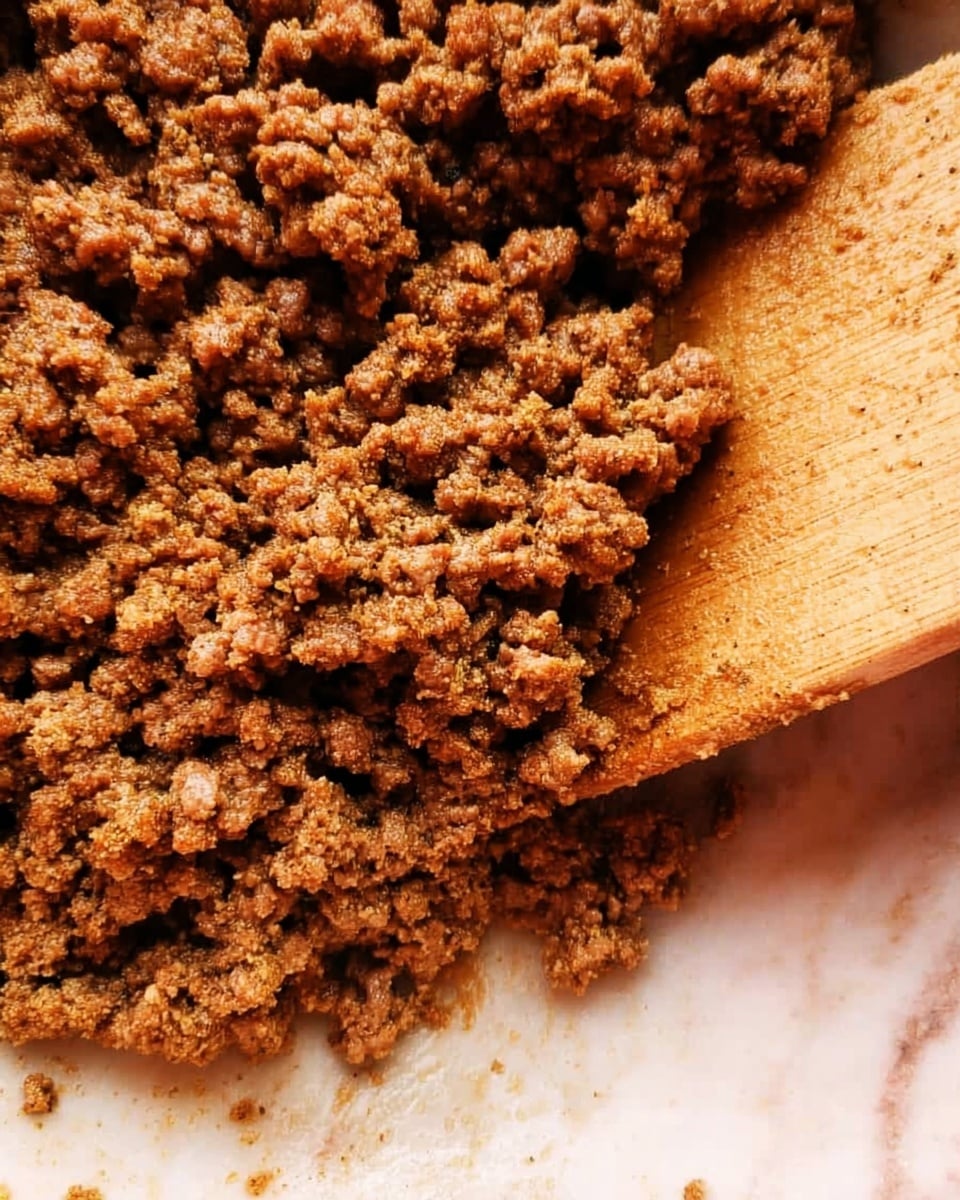 The image shows a close-up of cooked ground meat with a brown color and crumbly texture, filling the frame. A wooden spatula is partially visible on the right side, stirring or scooping the meat. The background is a white marbled surface. photo taken with an iphone --ar 4:5 --v 7