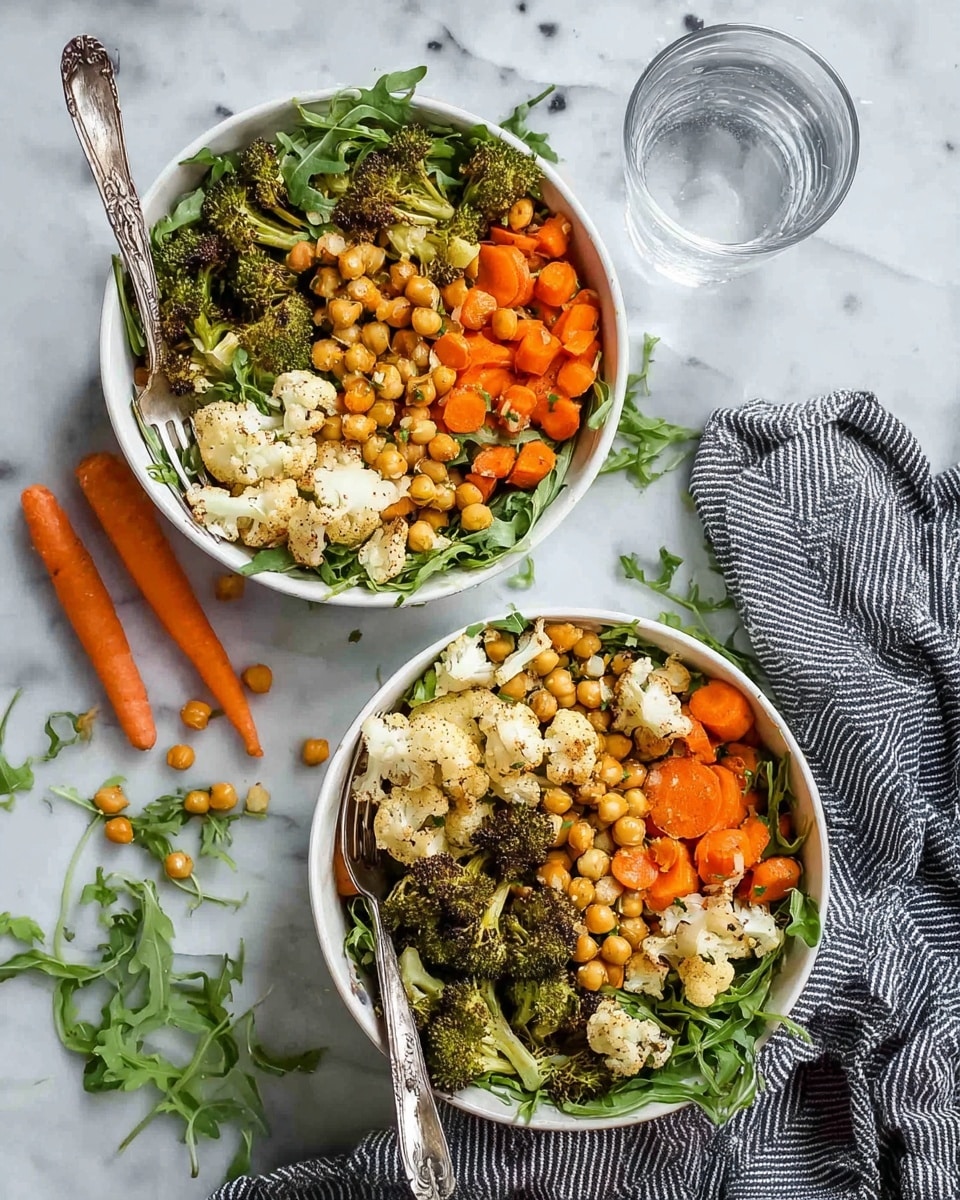 Two white bowls are filled with layered roasted vegetables and grains on a white marbled surface. Each bowl is divided into sections, showing three main layers: bright green roasted broccoli on the right, golden brown chickpeas scattered in the center, and light roasted cauliflower mixed with orange cooked carrot slices on the left. There are small green leaves as garnish over the vegetables. A silver fork rests inside each bowl, and a striped cloth is placed on the surface near them. In the background, three orange carrots and three metal forks lie on the white marbled surface. A glass of water sits above the bowls. photo taken with an iphone --ar 4:5 --v 7