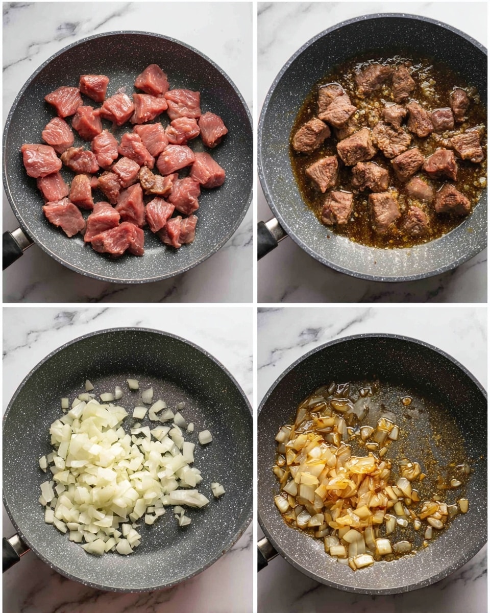 The image shows four photos in a grid illustrating cooking steps in a dark grey speckled frying pan on a white marbled surface. The first photo (top left) has many raw, pink chunks of meat spread evenly in the pan. The second photo (top right) shows the meat browned and cooking in bubbling juices, with a rich brown color. The third photo (bottom left) displays many small pieces of white onion evenly spread in the same pan. The fourth photo (bottom right) shows the same onions browned with golden and light brown edges cooking in oil. photo taken with an iphone --ar 4:5 --v 7