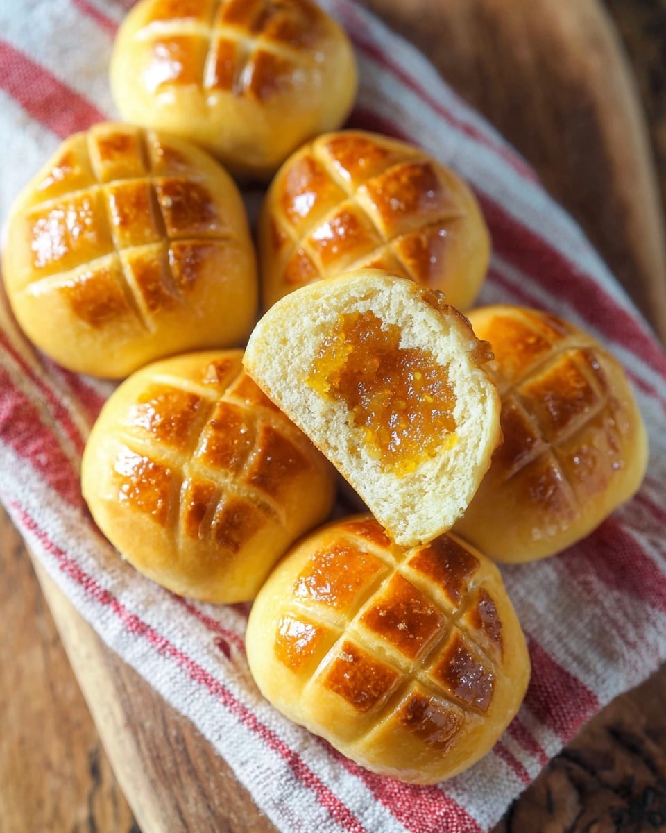 The image shows six small round buns with a shiny, golden brown top layer that has a grid pattern pressed into it. The buns have a soft, light yellow outer dough layer, and two of them are broken open to reveal a moist, golden orange filling inside. The buns are placed on a wooden board with a rustic texture, partially covered by a red and white striped cloth. The texture contrast between the smooth, glossy bun tops and the crumbly inside filling is clear. Photo taken with an iphone --ar 4:5 --v 7