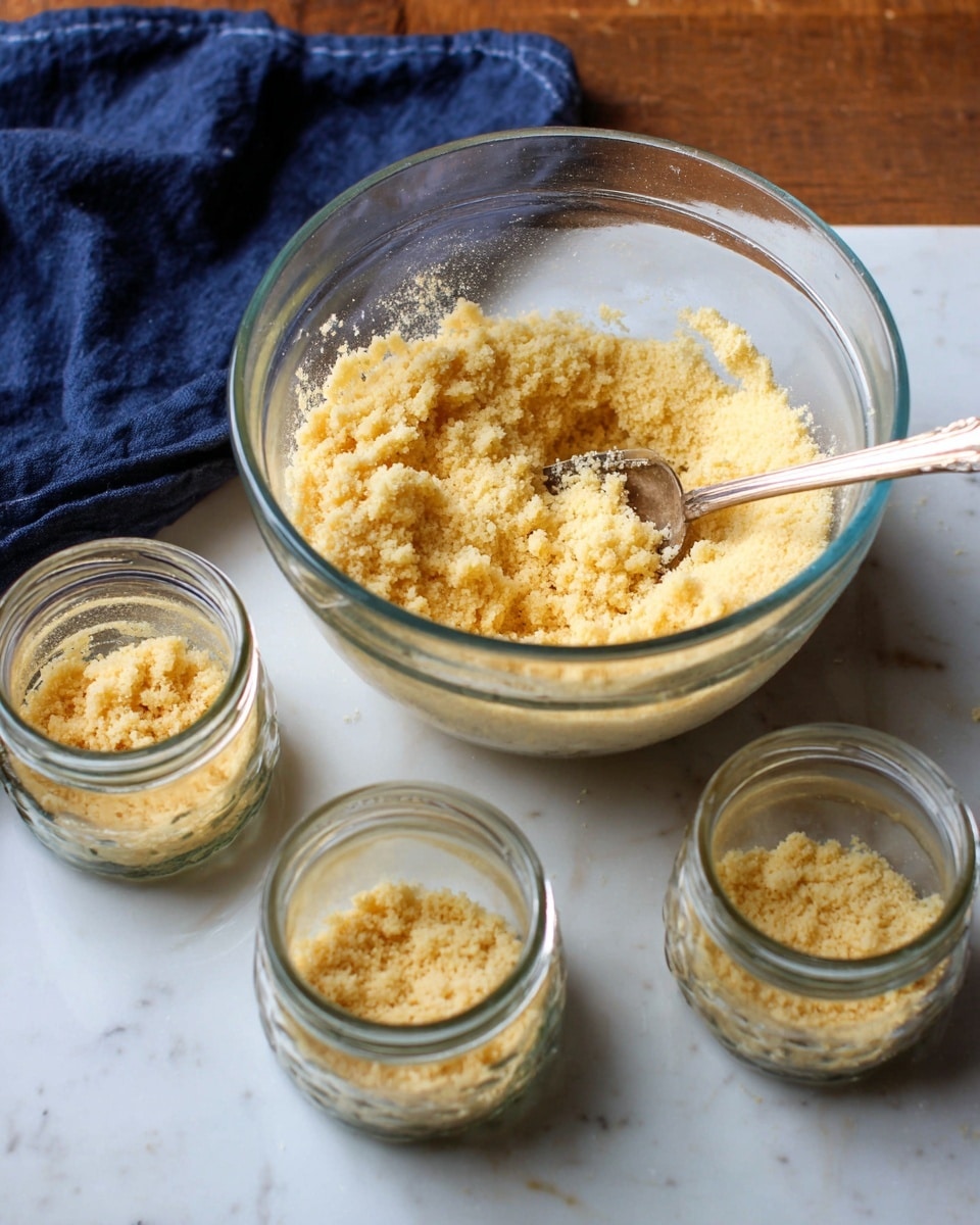The image shows a clear glass bowl filled with a pale yellow crumbly mixture with a metal spoon inside. Around the bowl, there are four small clear glass jars, each containing a layer of the same crumbly mixture at the bottom. The bowl and jars are placed on a table with a white marbled texture, and a dark blue cloth is visible near the back left side. The overall setting looks like a preparation scene in a kitchen. Photo taken with an iphone --ar 4:5 --v 7