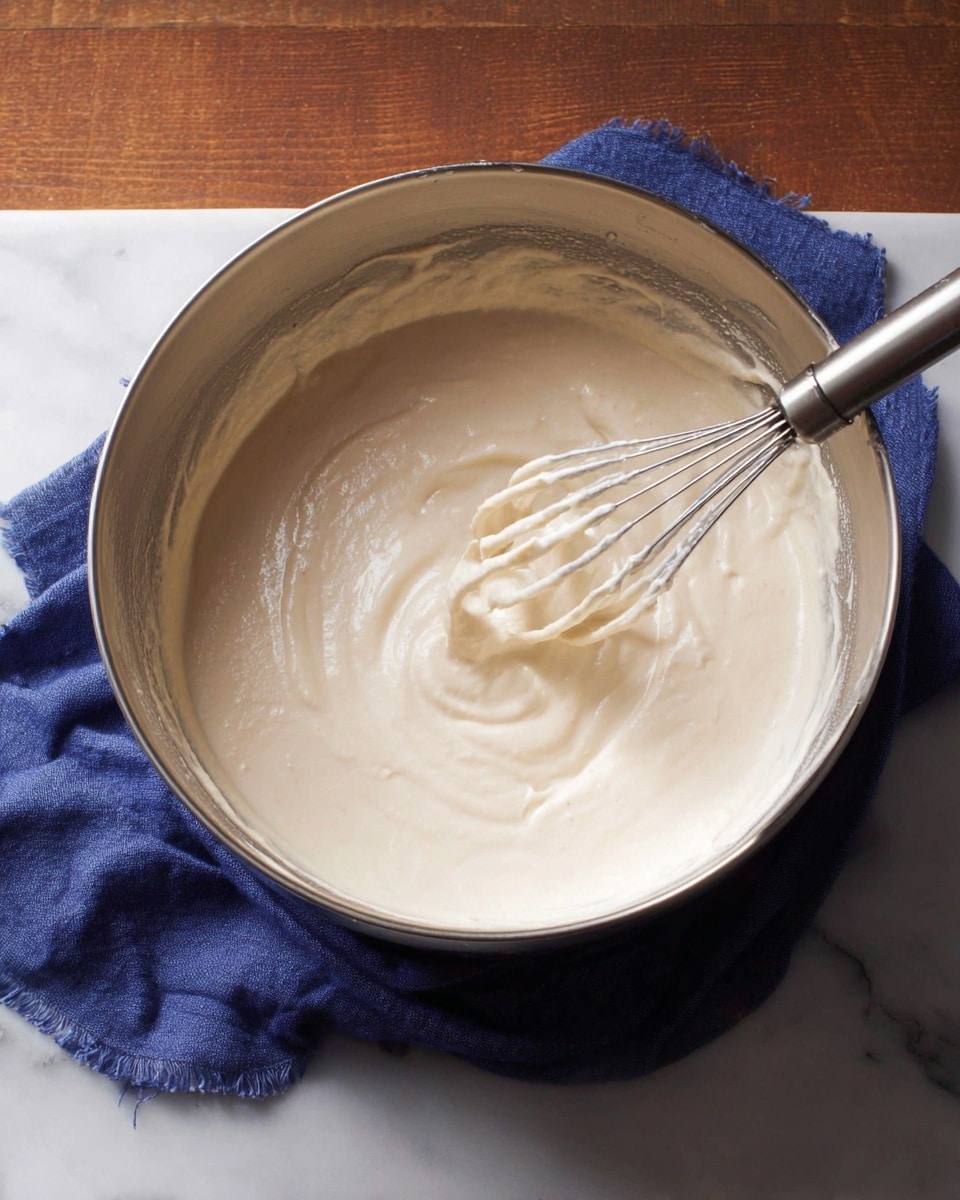 A metal mixing bowl on a white marbled surface holds thick, smooth, light beige batter with a creamy texture. Inside the bowl, a metal whisk is partially covered with the batter, showing soft peaks clinging to its wires. Under the bowl is a dark blue cloth, adding contrast against the white marbled surface. The setting is softly lit, highlighting the batter's dense but airy consistency. photo taken with an iphone --ar 4:5 --v 7