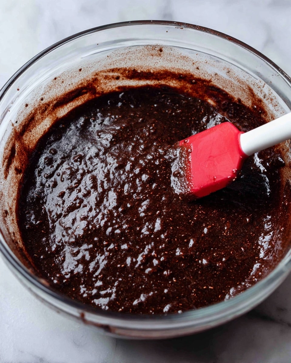 A clear glass bowl filled with thick, dark brown chocolate batter that has a shiny, slightly bumpy texture with small bubbles on the surface. A red spatula is inside the bowl on the right side, coated with some of the batter, showing the glossy and moist texture. The background is a white marbled surface. photo taken with an iphone --ar 4:5 --v 7