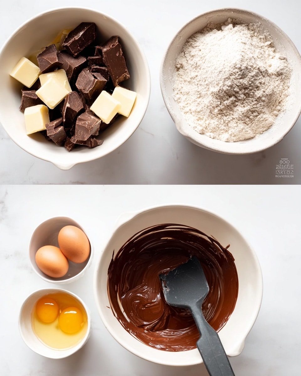 In the first image, there is a white mixing bowl with chunks of dark and white chocolate inside, placed on a white marbled surface. The second image shows two white bowls on the same white marbled surface; the left bowl contains smooth melted dark chocolate with a black spatula resting inside, while the right bowl holds two eggs, light brown sugar, and vanilla extract. Above them is a separate white bowl filled with dry powder, likely flour and cocoa mix. photo taken with an iphone --ar 4:5 --v 7