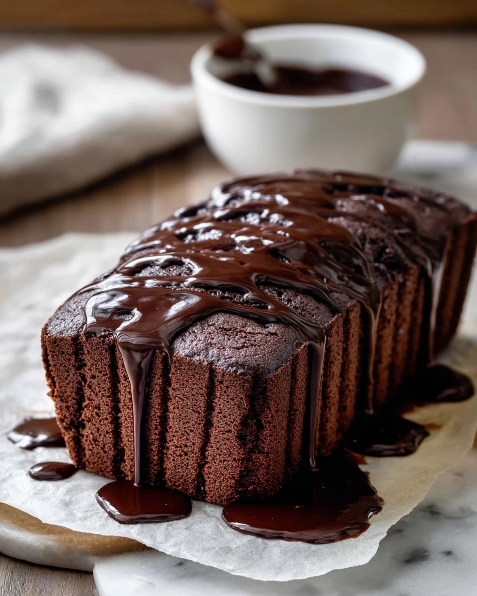 A rectangular dark chocolate cake loaf with a dense texture sits on a sheet of parchment paper on a white marbled surface. The cake has multiple thin horizontal ridges on the sides and is topped with glossy, dark chocolate sauce drizzled unevenly across the top, some running down the sides and pooling slightly on the paper. Behind the cake, there is a white bowl filled with rich dark chocolate sauce. The warm, soft lighting shows the moist texture of the cake and the shine of the sauce. photo taken with an iphone --ar 4:5 --v 7