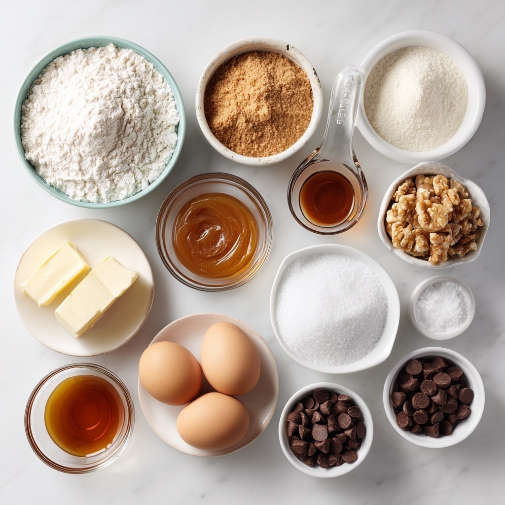 Top-down professional food photography, flat lay style, bright white marble countertop, neatly arranged, evenly spaced, tidy, clean organized layout, include: bowl of all-purpose flour, small bowl of baking soda, small bowl of salt, small plate of unsalted butter, bowl of brown sugar, bowl of granulated sugar, small plate with two large eggs, small glass cup of vanilla extract, bowl of semi-sweet chocolate chips, glass measuring cup of caramel sauce, small bowl of sea salt, bright soft natural lighting, sharp focus, high detail textures, realistic reflections, no finished dish, no cooked food, no hands, no text, no watermark