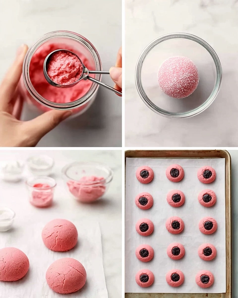 The image shows four steps of making pink thumbprint cookies on a white marbled surface. Top left shows a woman's hand holding a metal cookie scoop filled with pink dough above a jar of the same dough. Top right has a spherical pink dough ball covered with sugar sitting inside a clear glass bowl. Bottom left presents three smooth pink dough balls placed in a row on white parchment paper on a baking sheet, with some dough and a small bowl to the left. Bottom right displays baked pink cookies arranged in two neat columns on white parchment paper on a baking sheet, each cookie having a dark chocolate center inside an indented top. photo taken with an iphone --ar 4:5 --v 7