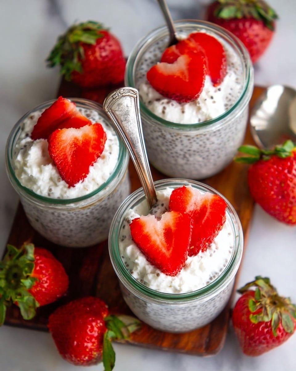 Three small clear glass jars filled with three layers each: a bottom layer of white chia pudding with visible chia seeds, a middle layer of white whipped cream, and a top layer of two bright red strawberry slices placed on the whipped cream. One jar has a silver spoon sticking out from the side. Around the jars, there are whole fresh strawberries with green leaves scattered on a wooden board that rests on a white marbled surface. The image is bright and focused from above, showing the texture of the pudding and the freshness of the strawberries, photo taken with an iphone --ar 4:5 --v 7