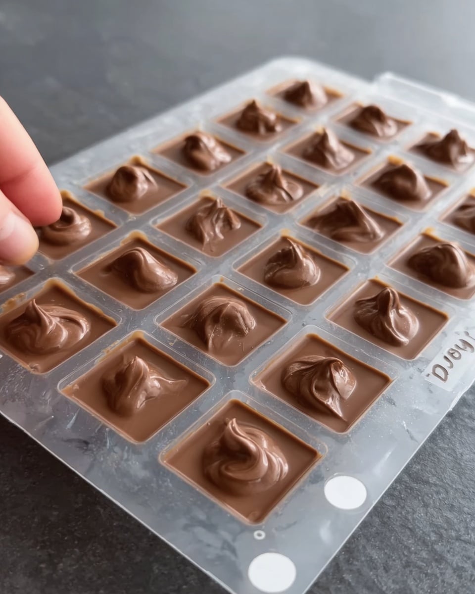The image shows a clear plastic mold tray with multiple square cavities filled with smooth milk chocolate. Each cavity contains a small mound of chocolate with a glossy, creamy texture. The surface of the chocolate has gentle peaks and swirls, looking freshly spooned or filled. The tray is placed on a white marbled surface with soft natural lighting highlighting the shiny chocolate. A woman's hand is gently resting near the tray. There are some white circular stickers on the mold, with a small handwritten note visible on the tray itself. photo taken with an iphone --ar 4:5 --v 7